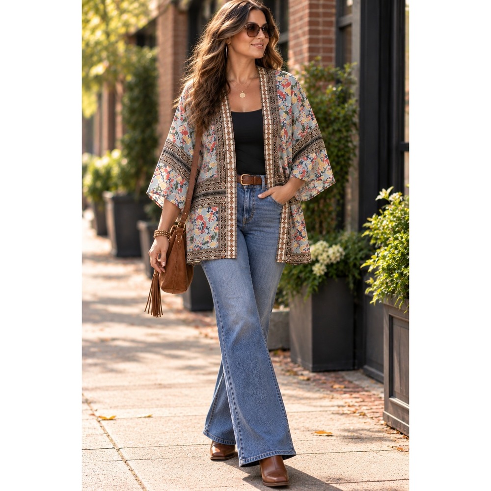 Susan Graver Kimono Cardigan 3X Floral Border Print Boho Open Front Plus Size